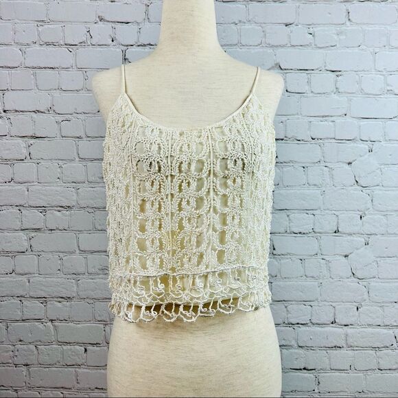 Vintage 80s Bonnie Strauss Lace Chemise Top Ivory Crochet Overlay Cropped Length - Picture 1 of 11